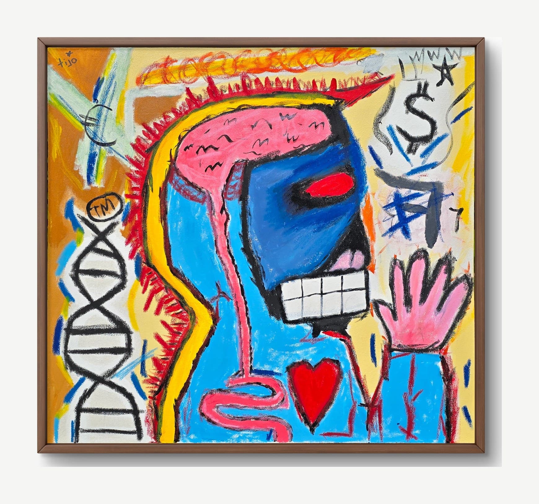 Untitled by tijo (2025), 80 × 80 cm acrylic and oil stick on canvas. A neo-expressionist portrait of a blue-skinned head with a pink brain visible through the skull, a single red eye, a square-toothed grin, and a red horn at the crown. A DNA double helix marked with a TM stamp sits on the left of the canvas; a pink hand reaches up on the right. A red heart is centered in the chest. Surrounded by floating dollar and euro symbols on a yellow-orange ground.
