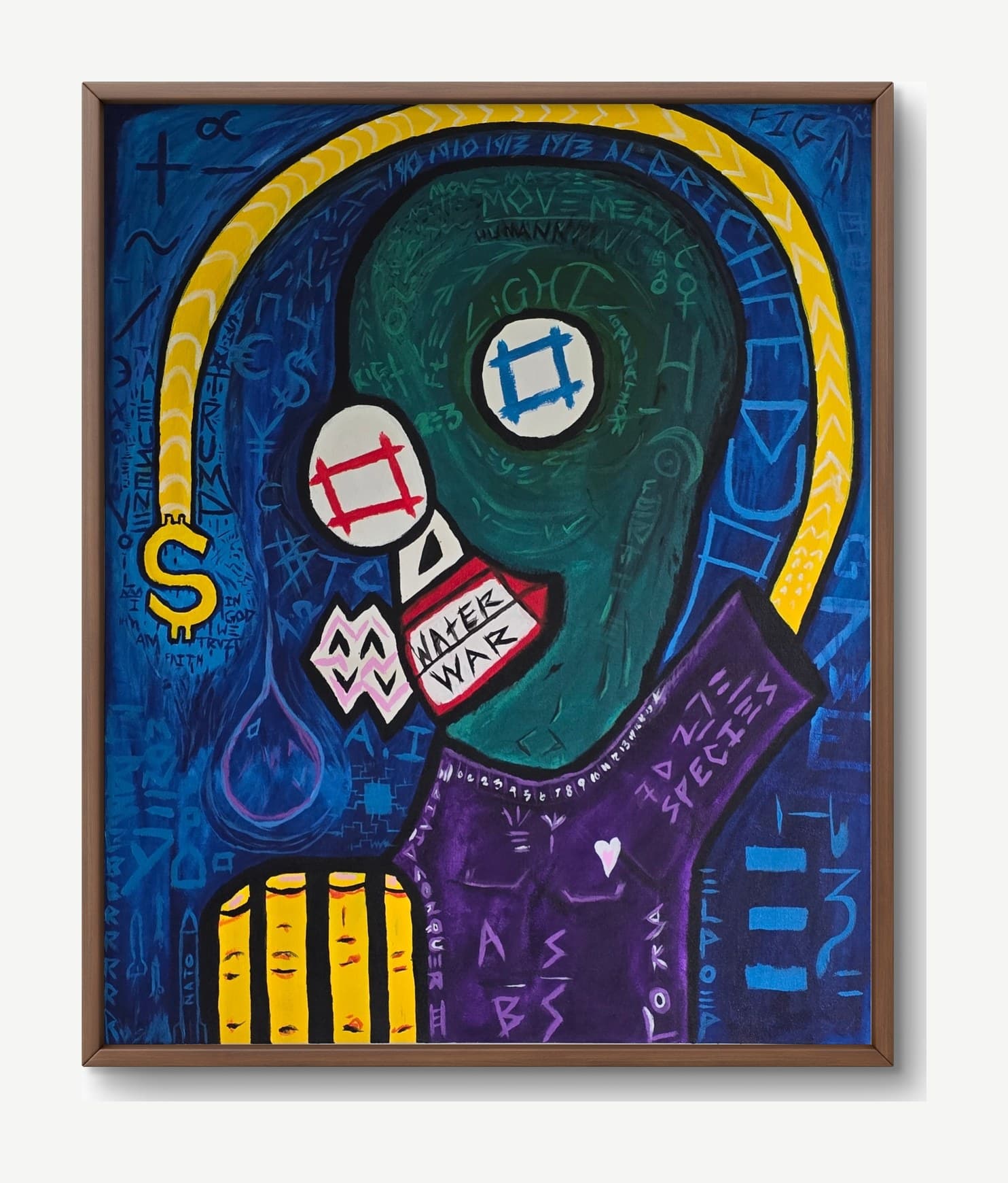 Water Wars by tijo (2026), 120 × 140 cm acrylic and oil stick on canvas. A neo-expressionist portrait of a green-skinned figure with mismatched eyes (a yellow frame and a red frame), a yellow dollar-sign chain wrapping the head like a noose, and a red WATER WAR name-tag taped across the mouth. The figure wears a purple military uniform with SPECIES stencilled on the shoulder; NATO yellow-and-black prison bars at the chest. Background dense with text including IN GOD WE TRUST, A.I., LIGHT, HUMAN, currency symbols, year dates, and mathematical operators.